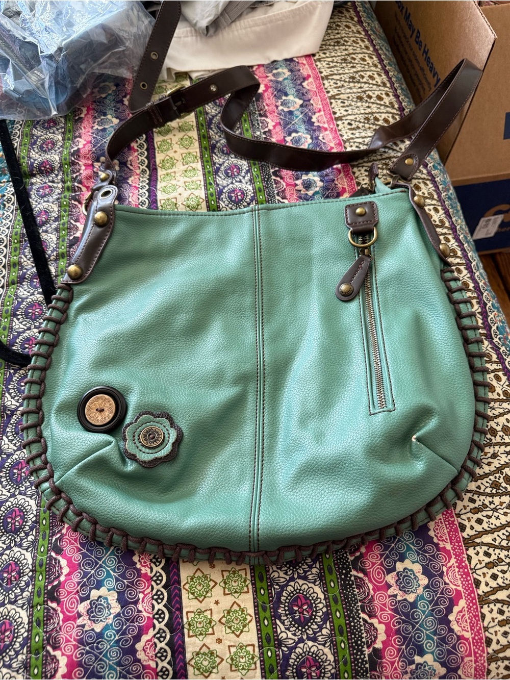 Chala Teal Shoulder Bag with Brown Trim and Flower Accent